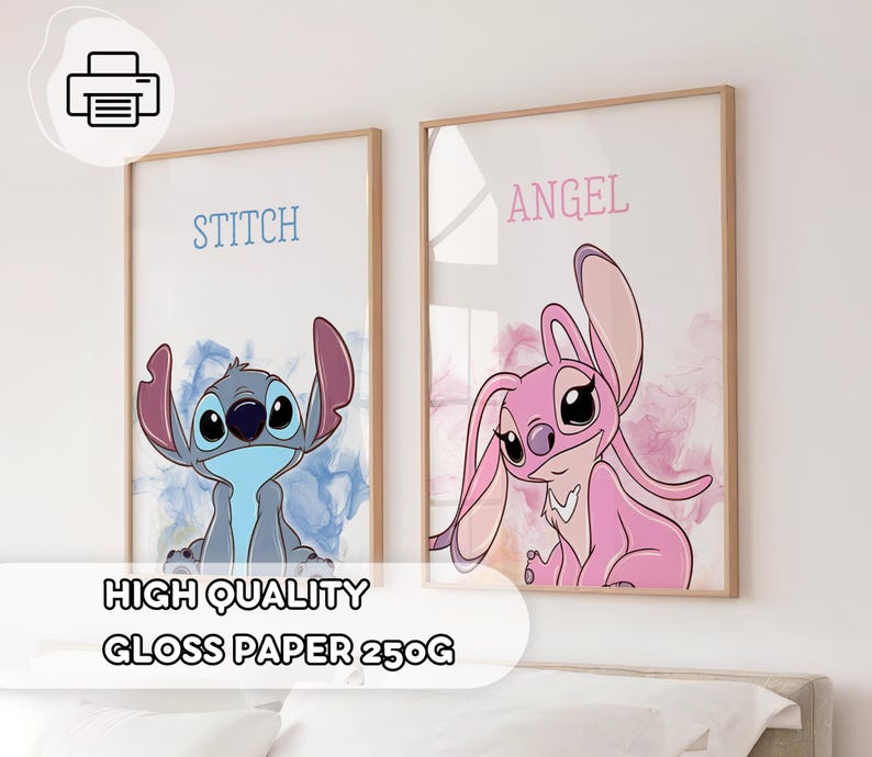 May include: Two framed art prints featuring cartoon characters Stitch and Angel. Stitch is blue with large ears, and Angel is pink. The prints have a watercolor background and the words "Stitch" and "Angel" above the characters. The text "HIGH QUALITY GLOSS PAPER 250G" is at the bottom.