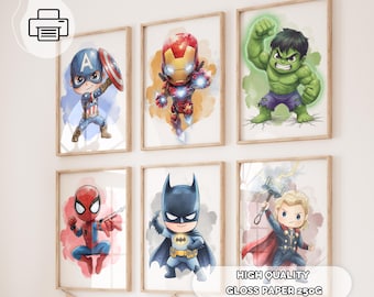 May include: Six framed prints featuring cartoon illustrations of superheroes, including Captain America, Iron Man, Hulk, Spider-Man, Batman, and Thor. Each character is depicted in a dynamic pose with vibrant colors and watercolor backgrounds. The prints are displayed on a white wall.