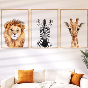Conjunto de 3 carteles de cara de animales de Safari: decoración de la pared, decoración de la guardería, regalo para niños, decoración de la sala de juegos, ducha de la habitación del bebé, jirafa, cebra, león
