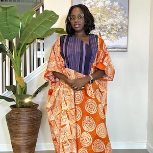 Handmade Nigerian Adire Batik Dress with Aso Oke, Boho Tribal Midi Orange African Batik Adire Dress, Authentic Yoruba Dye Print