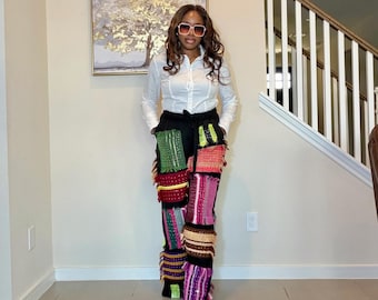 Luxury Black Linen Trousers with Stoned Aso Oke Patchwork - US 10