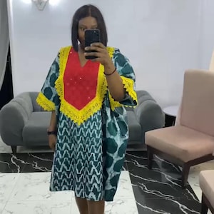 Colorful Batik Adire Short Dress with Lace Trim – African Print Kaftan Style for Women, Short Adire Bubu, Boho Fashion