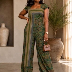 Elegant Adire Batik Crepe Jumpsuit ,Features Handwoven Aso Oke Contrast Panel.