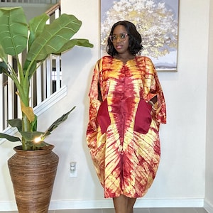 Handmade Adire Silk Kaftan Dress: Nigerian Tie-Dye Maxi with Pockets