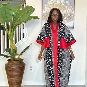 Long Ankara Dress: African Print with Red Patch - Bold Nigerian Fashion