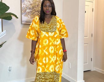Handgefertigtes Gelbes Ankara Boubou Kleid: Afrikanisches Kaftan Kleid
