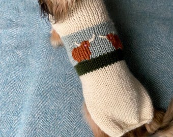Hand-Knitted Dachshund Jumper: 100% Wool Highland Cow Design