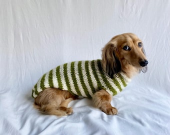 Hand-Knitted Dachshund Jumper: Green Striped 100% Wool Dog Clothing