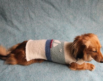 Hand Knitted Dachshund Jumper: Embroidered Sailboat, 100% Wool