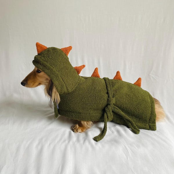 Dachshund Dinosaur Robe: Green Cotton Towel, Hooded Pet Costume, Robe