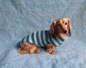 Hand-Knitted Dachshund Jumper: Blue Striped 100% Wool Dog Clothing
