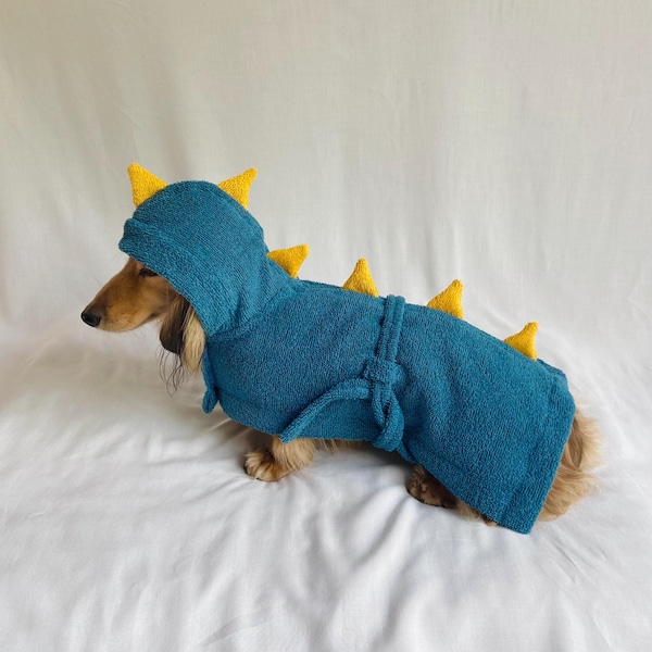 Dachshund Dinosaur Robe: Petrol Blue Cotton Towel, Hooded Pet Costume, Robe