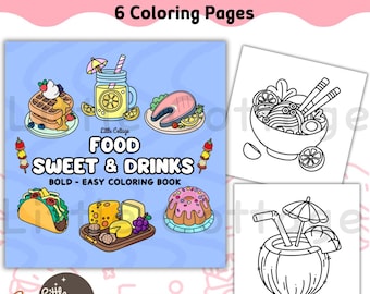 Food Sweet & Drinks: Bold and Easy Coloring Book for Relaxation, Food and Snacks Coloring, 6 Coloring Pages | PDF File Instant Download