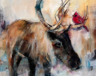 Reindeer Fine Art Print "Winterlude" | Wildlife Painting | Winter Wall Art | Cardinal | Deer