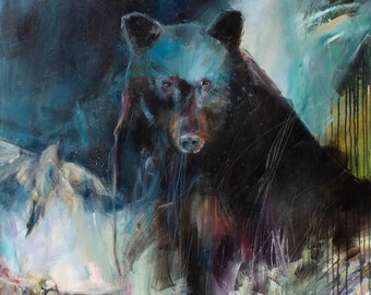 Vertical Fine Art Bear Print, "The secrets they keep" | Black Bear Art | Wildlife Art | Woodland Forest Painting