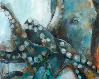 Its place in the cosmos, Square Fine Art Print Reproduction of an Octopus Painting by Jen Singh