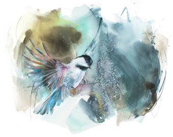 Releasing from within, Horizontal Fine Art Print Reproduction of a Chickadee Painting by Jen Singh