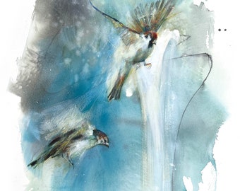 Watercolor Birds Fine Art Print by Jen Singh, "The distance between us" | Chickadee | Bird Illustration | Birds Flying