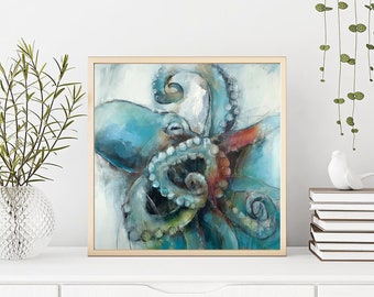 Octopus Mixed Media Painting Print - Modern Wall Decor - Moody Painting Home Decor Wall Art Print - Sea Life Ocean Animal Portrait