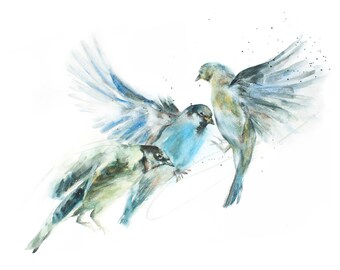 Blue Marmalade, Horizontal Fine Art Print Reproduction of Blue Birds Painting by Jen Singh