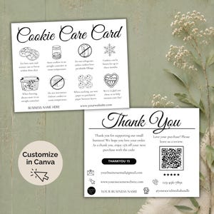 Könnte beinhalten: Zwei weiße Karten mit schwarzem Text. Eine Karte lautet "Cookie Care Card" mit Tipps zur Kekslagerung. Die andere Karte sagt "Thank You" mit einem QR-Code und Kontaktinformationen. Eine Kreisgrafik sagt "Customize in Canva".