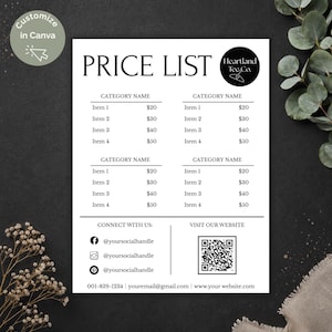Puede incluir: Una plantilla de lista de precios en blanco y negro con el texto "PRICE LIST" en la parte superior. La lista incluye nombres de categorías y precios, un logotipo de "Heartland Tee Co." y redes sociales.