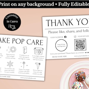 Minimalist Cake Pop Care Card and Thank You Card (Canva Editable, Digital Download)