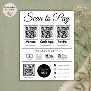 以下が含まれることがあります： 「Scan to Pay」と書かれた黒い文字とグラフィックの白い看板。 Venmo、Cash App、PayPalのQRコードと、現金、クレジット、Apple Pay、Google Payのアイコンが含まれています。 ロゴとソーシャルメディアハンドル用のスペースもあります。