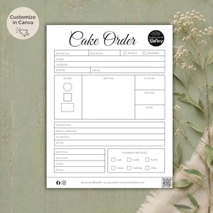 Puede incluir: Un formulario de pedido de pastel en blanco y negro con secciones para los detalles del cliente, la forma del pastel, el sabor y el método de pago. El formulario incluye el texto "Cake Order" y "Customize in Canva".