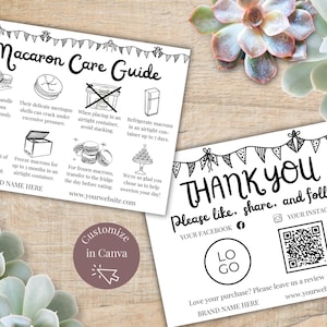 Editable Macaron Care Card & Thank You Card: Bakery Business Canva Template (Instant Download)