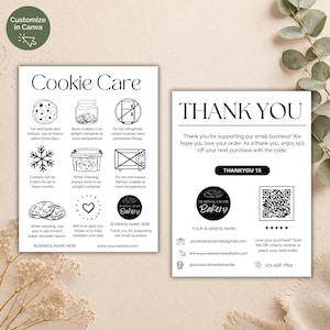 May include: Two white rectangular cards with black text and line art icons. The left card is titled Cookie Care with storage instructions. The right card is titled THANK YOU and includes a discount code THANKYOU 15, a QR code, and contact details.