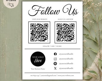 Vintage Social Media QR Code Sign Template: Drag & Drop Logo (Canva Editable, Digital Download)