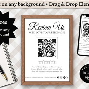 May include: A framed print with the text "Review Us, We'd Love Your Feedback!" and a QR code. A smartphone displays a similar QR code. Additional text includes "3 Sizes" and "Print on any background."
