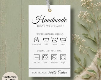 Vintage Handmade Tag, Custom Washing Instructions Hang Tag (Canva Editable, Digital Download)