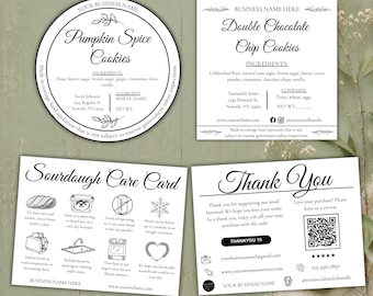 Paquete de etiquetas para alimentos y tarjetas de cuidado de masa madre estilo casa de campo (plantilla de Canva para descarga digital)