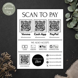 May include: A black and white sign with the text "SCAN TO PAY" and QR codes for Venmo, Cash App, and PayPal. It also lists accepted payment methods: Cash, Credit, Apple Pay, and Google Pay. Includes social media handles.