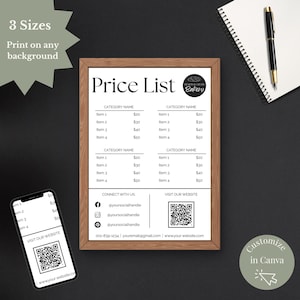 May include: A framed price list for a bakery, with the text "Price List" at the top. The list includes category names and prices. A smartphone displays a QR code and the words "Visit our website". The image also includes the text "3 Sizes" and "Print on any background".