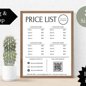 Puede incluir: Una lista de precios enmarcada con un diseño minimalista. El texto "PRICE LIST" está en la parte superior, con secciones para nombres de categorías y precios. Incluye iconos de redes sociales y un código QR. Un cactus en una maceta blanca está en primer plano.