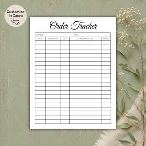 May include: A white printable order tracker sheet with black text and grid lines. The header reads Order Tracker, with fields for Month, Year, Date, Order No., Qty., Customer Name, and Done. A circular badge in the corner says Customize in Canva.