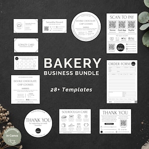 Puede incluir: Un paquete de negocios de panadería en blanco y negro con más de 28 plantillas. Incluye tarjetas de visita, tarjetas de fidelidad, formularios de pedido y tarjetas de agradecimiento. Presenta "Double Chocolate Chip Cookies" y opciones de "Scan to Pay".