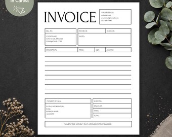 Minimalistische Rechnungsvorlage, bearbeitbares Formular für Kleinunternehmen (Canva, digitaler Download)