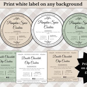 Puede incluir: Diseños de etiquetas para galletas con los textos "Pumpkin Spice Cookies" y "Double Chocolate Chip Cookies". Las etiquetas son redondas y rectangulares, con una variedad de colores y fuentes. También se muestra el texto "Print white label on any background".