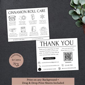 May include: Two white cards with black text. One card says "Cinnamon Roll Care" with instructions and illustrations. The other says "Thank You" with a QR code, contact info, and a discount code. A pink circle says "Customize in Canva".