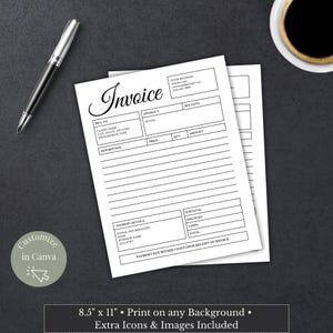 May include: Two white invoice sheets with black text, a pen, and a cup of coffee on a dark surface. The word "Invoice" is at the top. Text includes "Bill To", "Notes", "Price", and "Payment Details". The bottom text reads "8.5" x 11" Print on any Background • Extra Icons & Images Included."