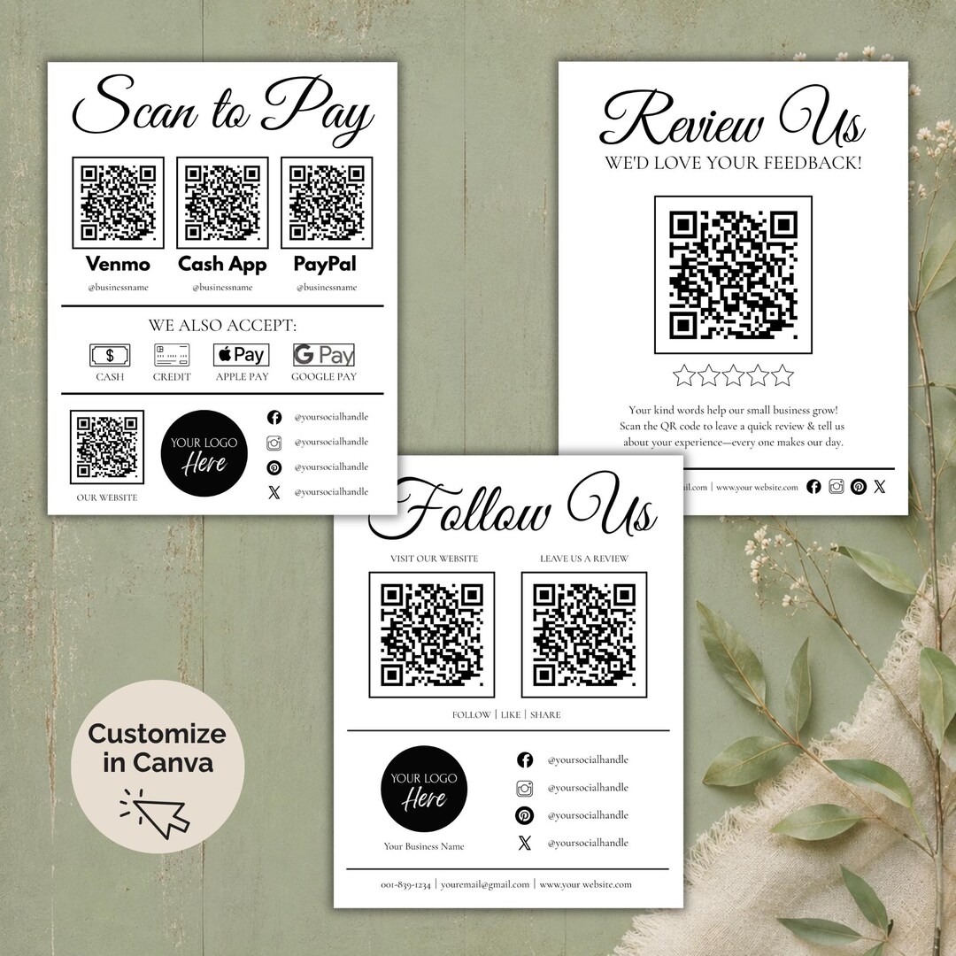 Retro Qr Code Vintage QR Code Sign Bundle: Scan to Pay, Google Review, Social Media ...