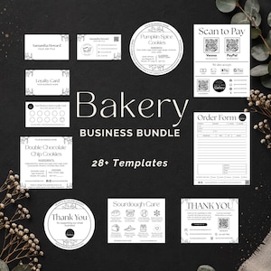 May include: A black and white business bundle for a bakery, featuring various templates like business cards, loyalty cards, order forms, and thank you notes. Includes a "Pumpkin Spice Cookies" label and a "Scan to Pay" sign.