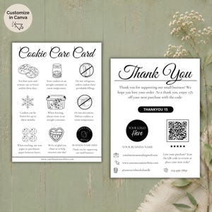 Peut inclure: Deux cartes rectangulaires blanches avec du texte et des graphiques noirs. La carte de gauche est une fiche d'entretien pour biscuits avec des instructions et des icônes. La carte de droite est une carte de remerciement avec un logo, un QR code.