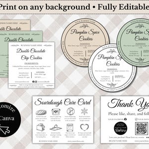 May include: A selection of editable bakery templates. Features Double Chocolate and Pumpkin Spice cookie labels, a Sourdough Care Card, and a Thank You card. These templates are designed for customisation and can be printed on any background.