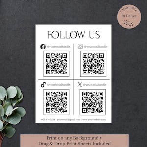 May include: A white card with the words "FOLLOW US" in a bold font. The card includes social media icons with corresponding handles and QR codes. Text at the bottom reads "Print on any Background. Drag & Drop Print Sheets Included."