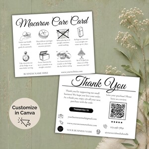 Pode incluir: Dois cartões brancos com texto preto. Um cartão diz "Macaron Care Card" com instruções de cuidado. O outro diz "Thank You" com um código QR e informações de contato. Um botão "Customize in Canva" está no canto inferior esquerdo.